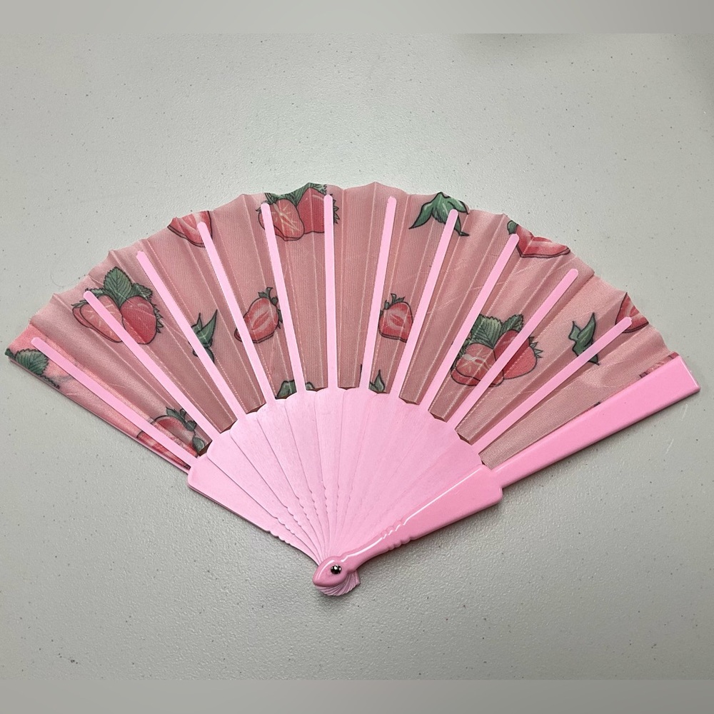Pink Strawberry Patterned Hand Fan - Picture 2 of 3